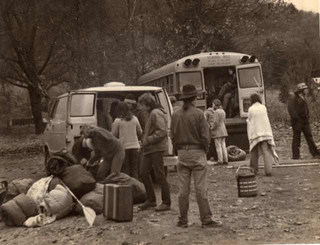 Unloading at Narrowsburg.  Chucks Bus and Joes Green Dodge Van.  (Walter must be supervising).